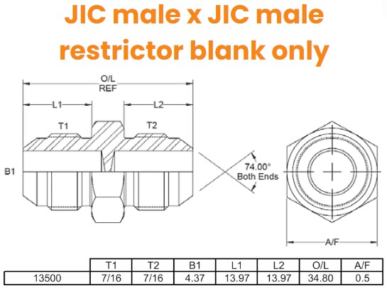 7/16 JIC x 7/16 JIC M/M RESTRICTOR BLANK Hydraulic Adaptor